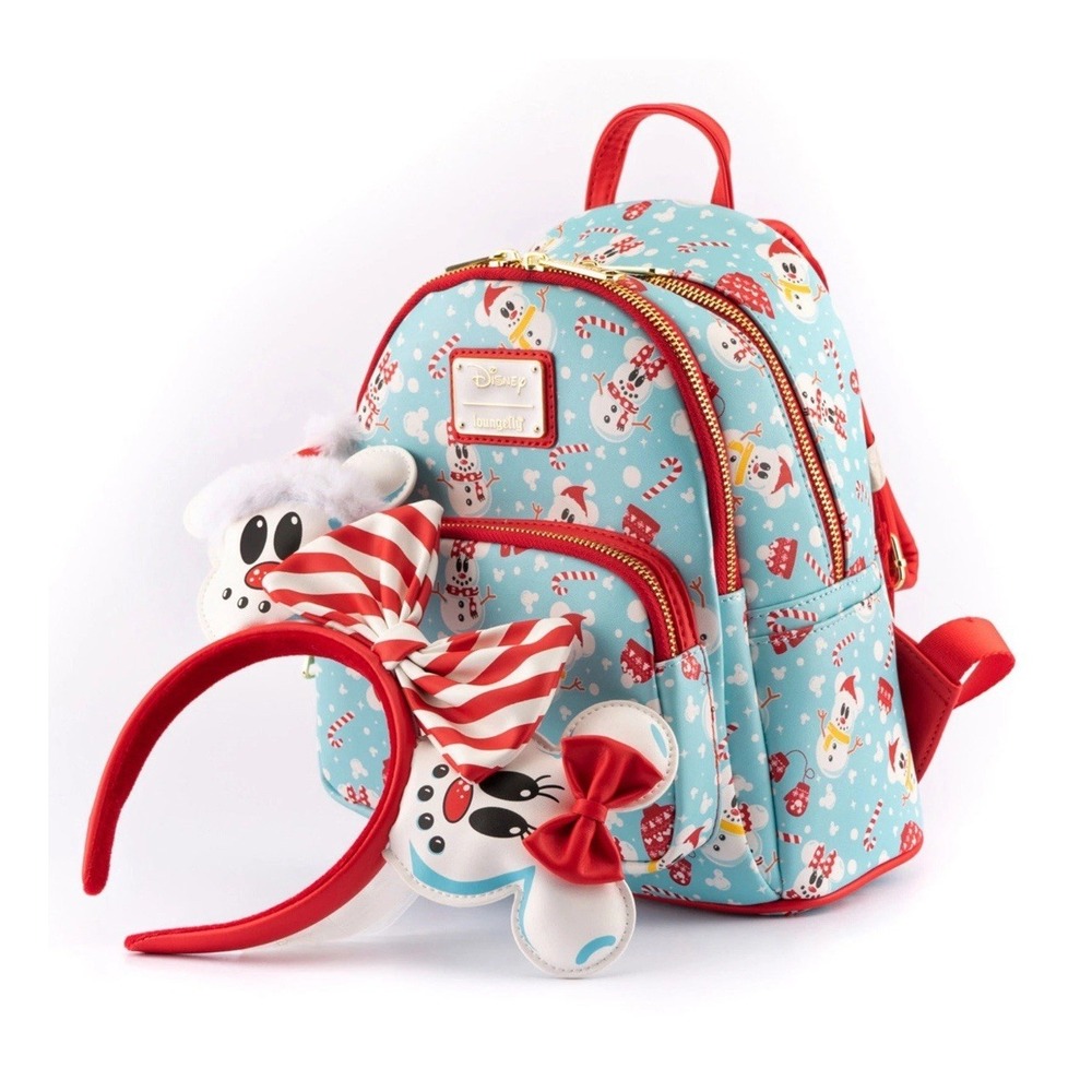 LOUNGEFLY DISNEY: MINNIE MICKEY SNOWMAN AOP MINI BACKPACK HEADBAND SET